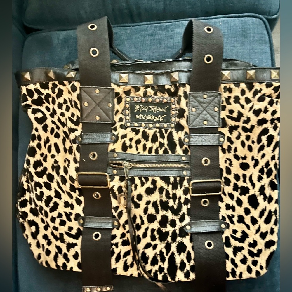 Large Vintage Betsey Johnson Leopard Print Tote Bag with Studded Trim